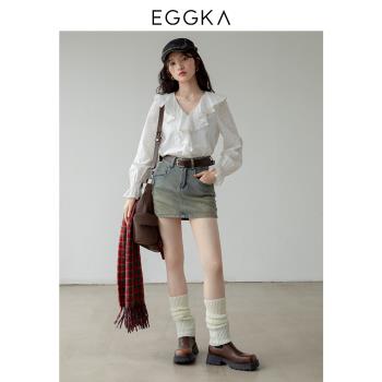 EGGKA 法式設計感荷葉邊長袖襯衫休閑寬松慵懶風長袖上衣女秋季