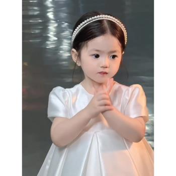 白色公主裙女童2023新款花童婚禮小女孩禮服洋氣緞面蓬蓬裙萬圣節