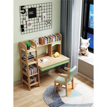 實木書桌書柜一體家用中小學生寫字臺帶書架組合臥室兒童學習桌子