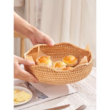 越南藤編面包籃圓形饅頭筐家用手工編織筐早餐點心籃日式面包筐