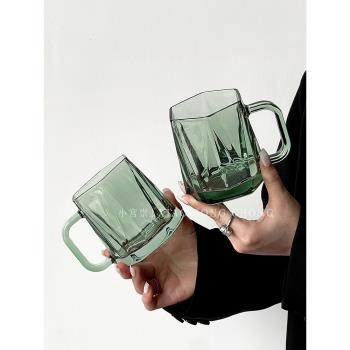 鉆石六角帶把手玻璃杯ins風高級感咖啡杯水杯牛奶杯簡約飲料杯子