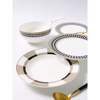 歐式輕奢金邊陶瓷米飯碗湯碗家用菜盤西餐盤子套裝高檔骨瓷餐具