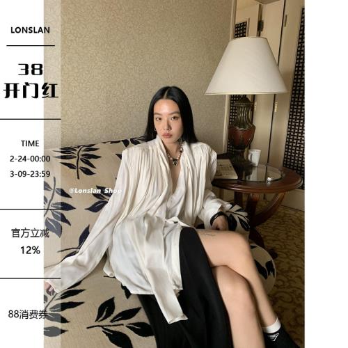 LONSLAN 2023早秋新款百搭修身打底外穿蝴蝶結飄帶V口襯衫上衣女