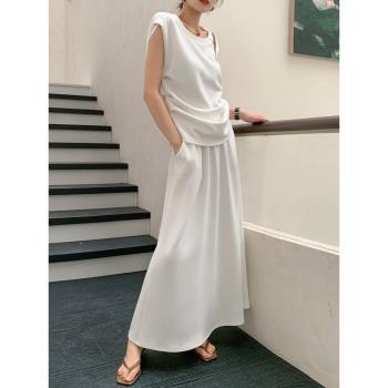 JWUNIQUE 白色兩件套裝女夏季2023年設計感別致上衣高腰A字半身裙