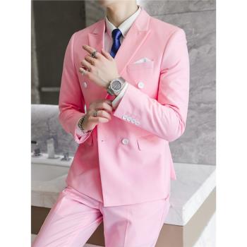 高級感炸街粉色西裝套裝男士英倫風雅痞主持人網紅雙排扣西服外套