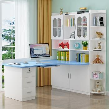 實木書桌書架組合轉角電腦桌臺式書柜一體簡約臥室拐角學習寫字桌
