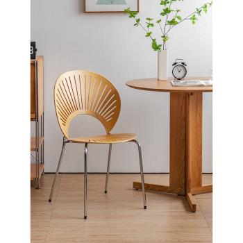北歐原木奶油風網紅貝殼椅子設計師家用電鍍金屬扇貝成人餐廳餐椅