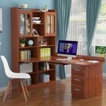 實木轉角書桌書架組合電腦臺式桌書柜一體家用兒童臥室拐角學習桌