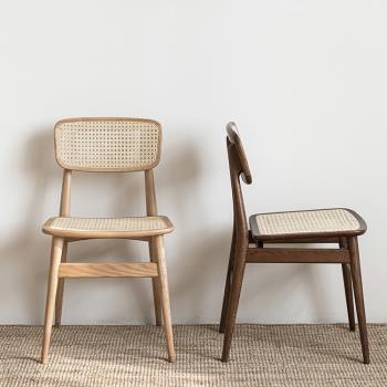 時有微涼 日式藤編椅子ins實木餐椅客廳家用休閑椅北歐原木靠背椅