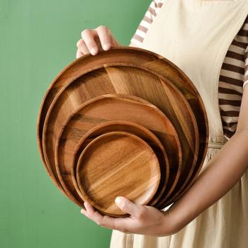 日式木質托盤茶盤點心盤圓形茶水杯子收納家用放茶杯敬茶果盤木盤