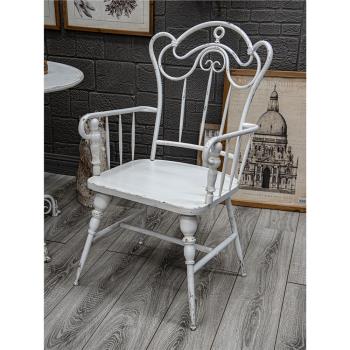 ins風北歐 鐵藝做舊餐椅 法式復古扶手椅 單人咖啡椅休閑靠背椅子