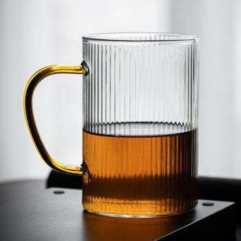 器貨條紋玻璃水杯家用泡茶杯個人杯子耐熱咖啡杯早餐飲料杯帶把