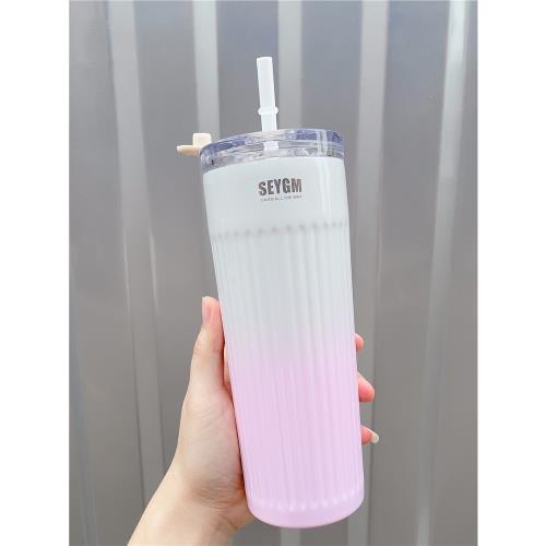 不銹鋼咖啡杯吸管杯女士便攜夏日大容量保溫保冷美式拿鐵杯子水杯