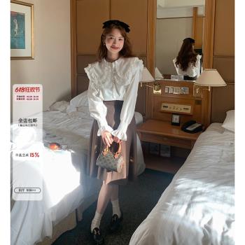 範雯雯 法風娃娃領 早春法式復古甜美上衣少女純色寬松長袖襯衫