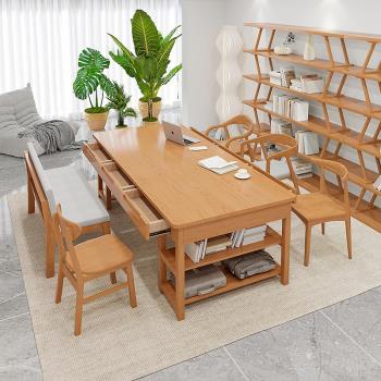 北歐客廳實木大書桌書柜一體學習桌帶抽屜家用休閑區多功能大桌子
