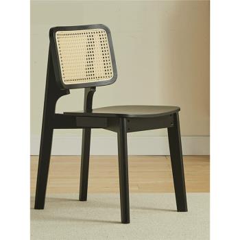 中古藤編餐椅家用現代藤椅北歐靠背椅子復古設計師黑色實木餐桌椅