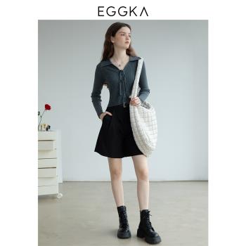 EGGKA 薄款V領長袖針織衫女秋季2023新款簡約純色polo領綁帶上衣