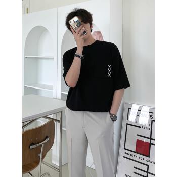 MRCYC韓版刺繡短袖T恤男士夏季設計感小眾寬松圓領純棉半袖體恤潮