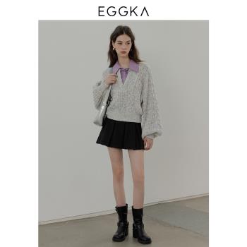 EGGKA 假兩件polo領開衫毛衣女2023秋季顯瘦學院風針織衫外套上衣