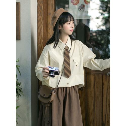 小雨良品 日系學院風領帶長袖襯衫女早秋新款韓版寬松小個子上衣