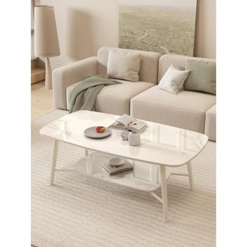 奶油風巖板茶幾客廳家用法式小戶型白色長方形雙層現代簡約茶幾桌