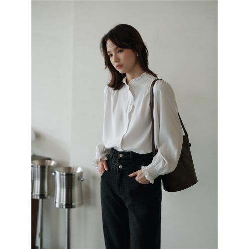 MIXABO復古木耳邊立領襯衫女長袖春秋款疊穿馬甲打底白色襯衣寬松