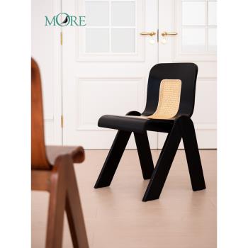 中古椅子設計師款復古藤編餐椅家用靠背小戶型餐桌椅侘寂風實木椅