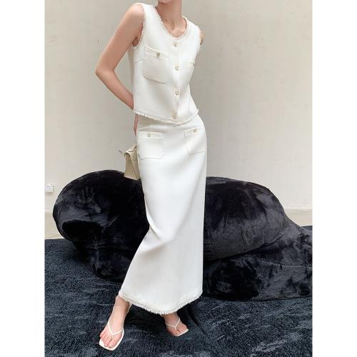 JWUNIQUE酒窩白色小香風兩件套女夏季背心馬甲上衣高腰半身裙套裝