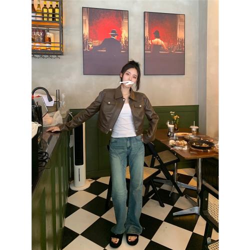 Neee復古春季咖色酷女孩腔調皮衣