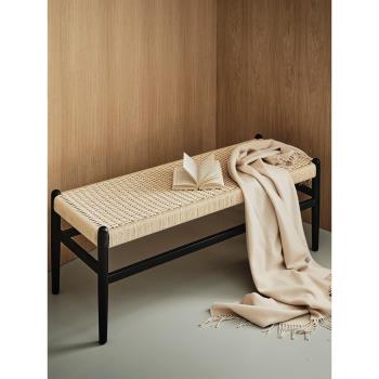 日式實木床尾凳臥室客廳設計師繩編餐凳沙發長條凳簡約現代小戶型