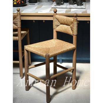 北歐中古設計實木吧臺椅繩編書桌椅簡約侘寂風藤椅民宿咖啡廳椅子