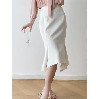 純色不規則包臀魚尾半身裙女夏中長款設計感小眾氣質通勤高腰半裙