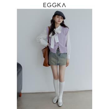EGGKA簡約復古百搭針織馬甲背心2023春秋新款灰色法式毛衣上衣女