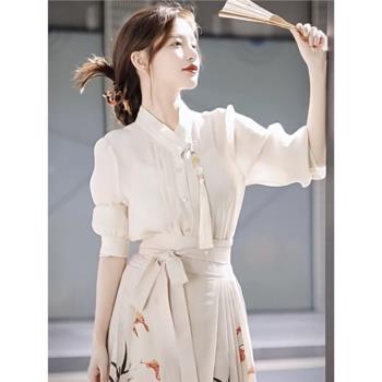 新中式旗袍改良款馬面裙套裝傳承經典素色襯衫長款半身裙兩件套女