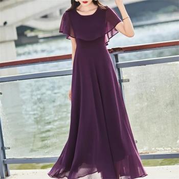 時尚優雅氣質紫色雪紡紗裙連衣裙女夏季收腰蝙蝠袖大擺長裙及腳踝