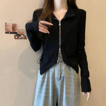 2023秋冬大碼時尚POLO領雙拉鏈長袖T恤女胖mm學生開叉打底衫上衣