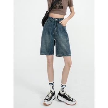 夏季復古藍色牛仔短褲女新款韓版直筒高腰顯瘦設計感薄款五分中褲