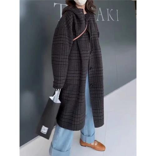 2025秋冬新款韓版格子連帽中長款雙面羊絨大衣韓系寬松羊毛呢外套