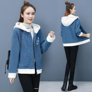 羊羔絨加絨加厚外套女2023冬季韓版氣質減齡大衣毛茸茸連帽衛衣女