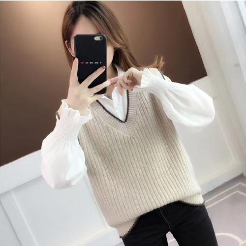 馬甲襯衫兩件套女法式風春秋疊穿小坎肩針織背心套裝馬夾女式新款