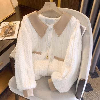 小香風拼接PU皮羊毛羔外套女冬季新款高級感溫柔甜美洋氣保暖上衣
