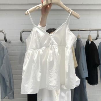 韓國東大門夏裝新款甜美寬松白色短款外穿v領無袖吊帶背心女上衣