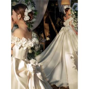 天使的嫁衣 浪漫仙系花朵一字肩公主新娘大拖尾拖尾婚紗禮服19622
