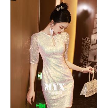 名媛晚禮服女2024新款宴會氣質高階短款包臀亮片連衣裙洋裝小禮服