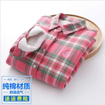 純棉加絨加厚長袖襯衫女冬季韓版休閑格子保暖學生學院風打底襯衣