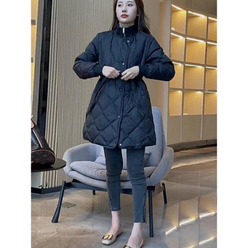菱形格棉服女冬歐貨加絨加厚羽絨派克服外套中長款棉大衣收腰棉襖