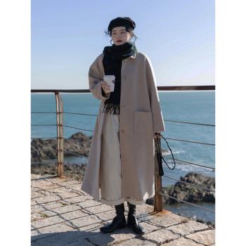 覓定韓系高級大衣女秋冬季中長款毛呢外套新款加厚小個子黑色
