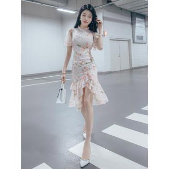 旗袍改良版連衣裙女夏季2025年新款雪紡碎花修身包臀中長款裙子