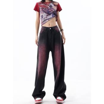 KEN STUDIO夏季新款油印直筒闊腿牛仔褲女設計感黑紫色拖地休閑褲
