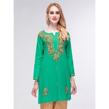 印度純棉輕薄透氣綠色刺繡上衣